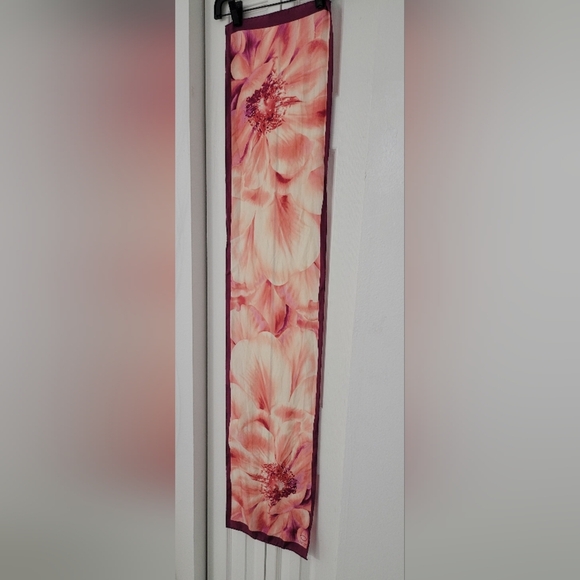 Oscar de la Renta Coral and Burgundy Floral Scarf - Picture 3 of 5